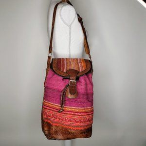 Vintage Bohemian Style Leather Trim Back Pack Sack